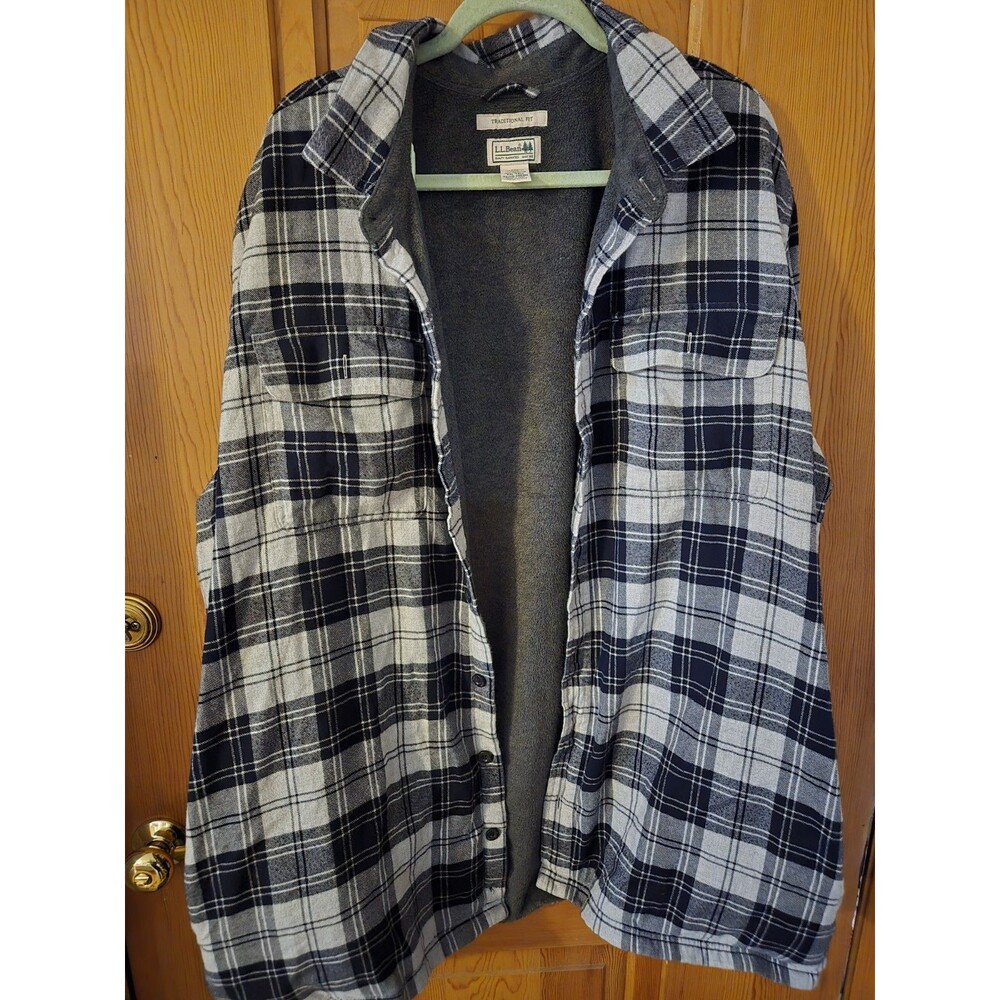 LL BEAN Traditional Fit fleece lined plaid flannel shirt jacket 2XLT